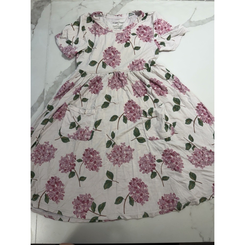 Angel Dear Size 4T Bamboo Dress Pink Floral Skater Pockets Short Sleeve